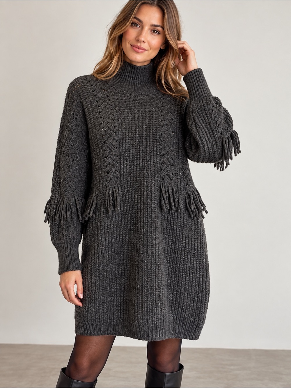 Vanessa Bruno Verenice Wool Fringe Cable Knit Sweater Dress Size S Made in Italy
